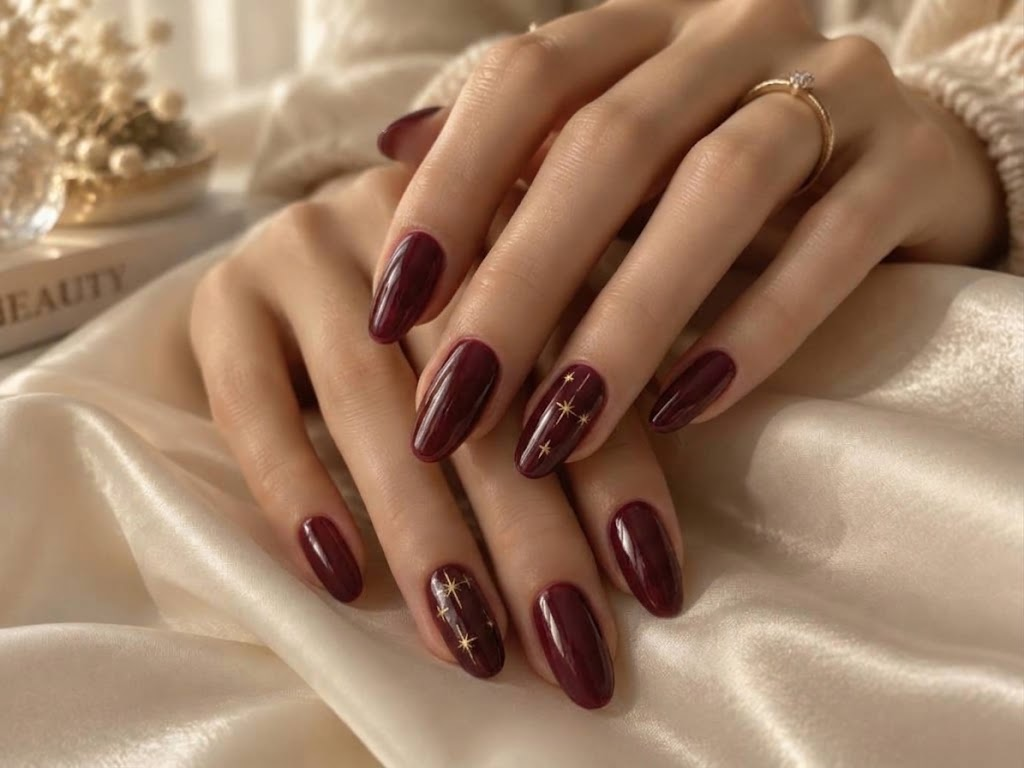 Manicured almond nails in deep burgundy with gold star accents